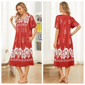 Bloggerlove Red Floral Hawaiian House Dress Women's Large Versatile MuuMuu